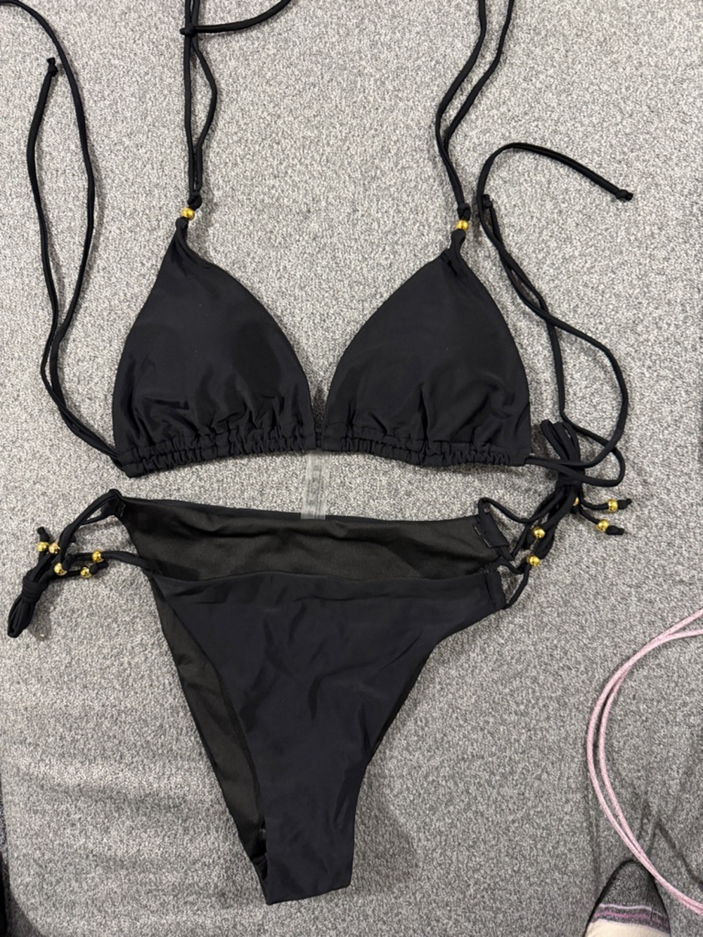 Women's Black Tie-Side Triangle Bikini with Gold Bead Accents